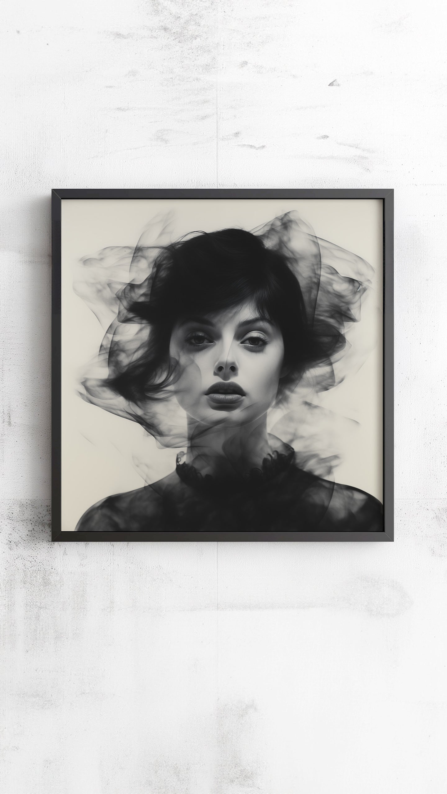 Evocative monochrome image of a woman with smoky abstraction, part of SombraVelo's 'Eclipsed Narratives'.