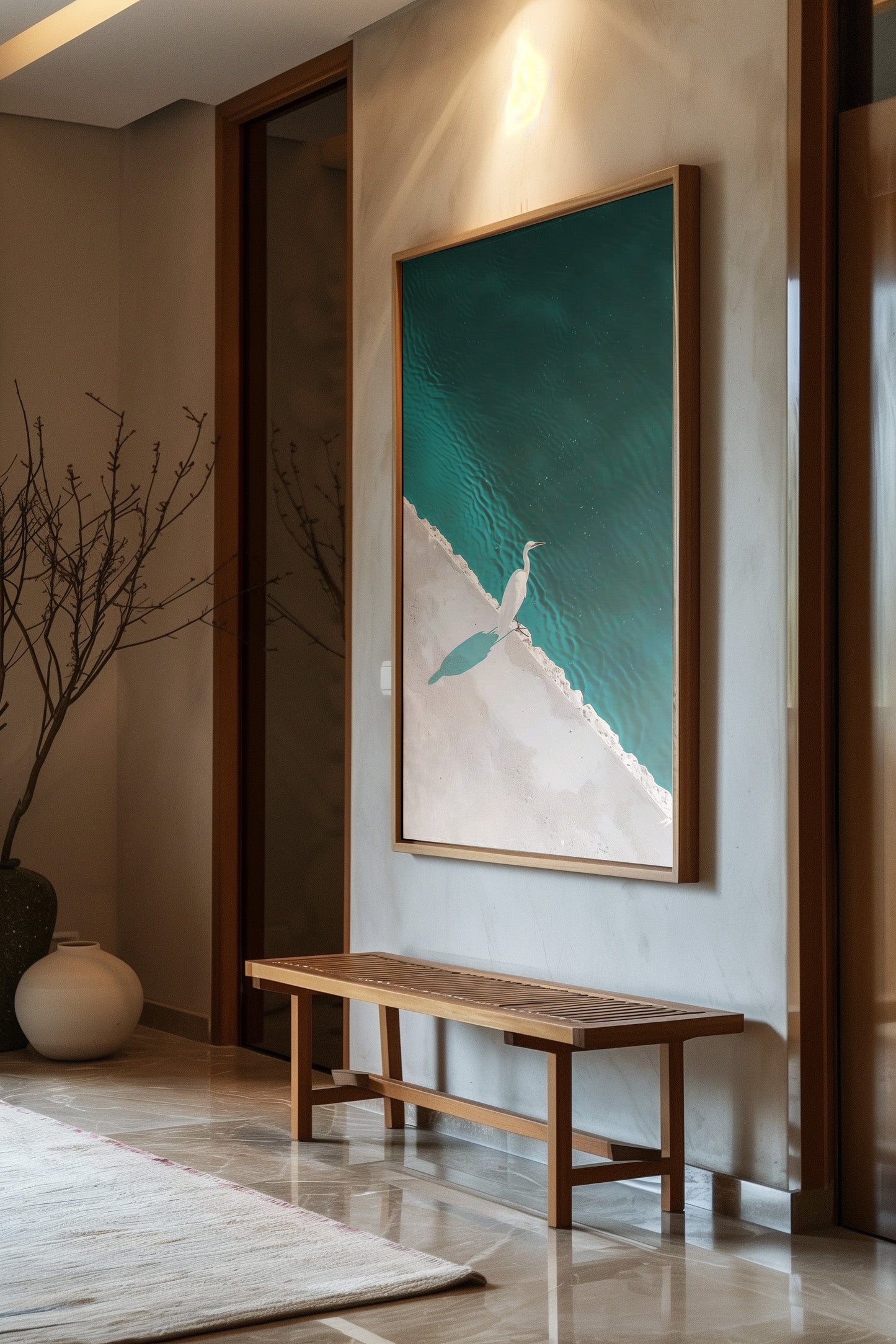 A heron stands poised on a serene shoreline in 'Solitude's Companion'.
