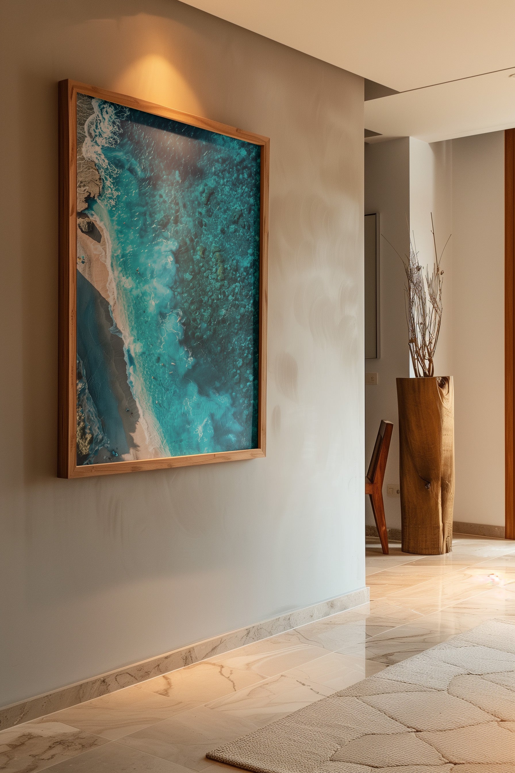 Aerial view of the shore in 'Azure Narratives', where sea meets land.