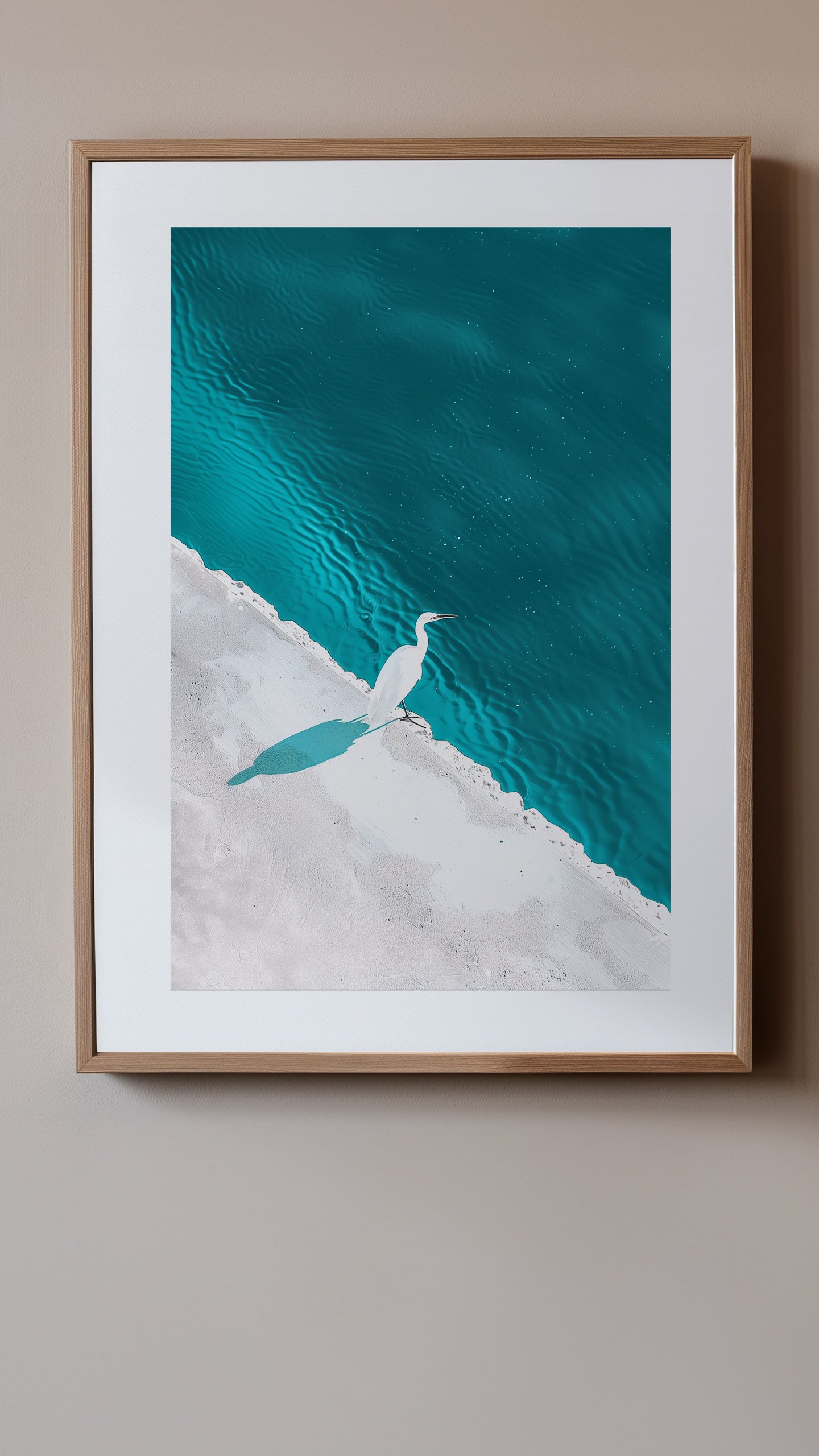A heron stands poised on a serene shoreline in 'Solitude's Companion'.