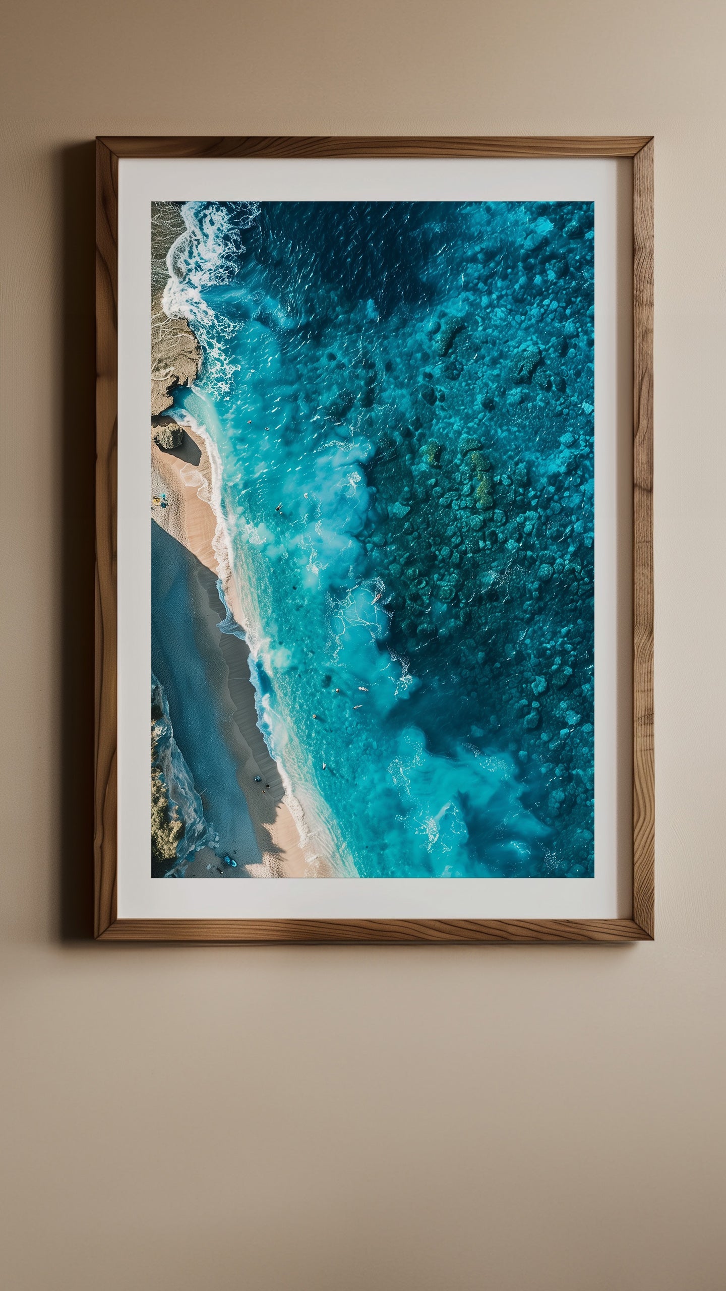 Aerial view of the shore in 'Azure Narratives', where sea meets land.