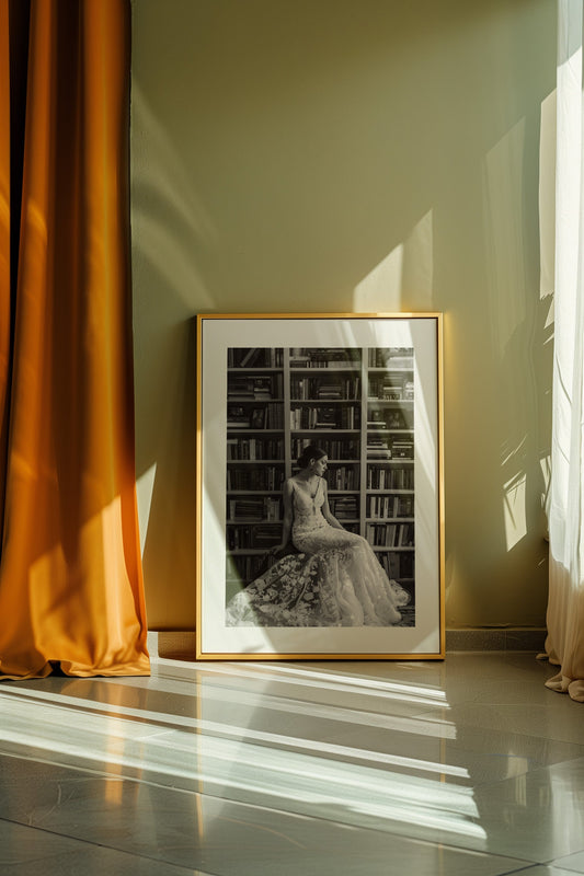 A bride sits pensively among books in 'Bridal Reflections'.