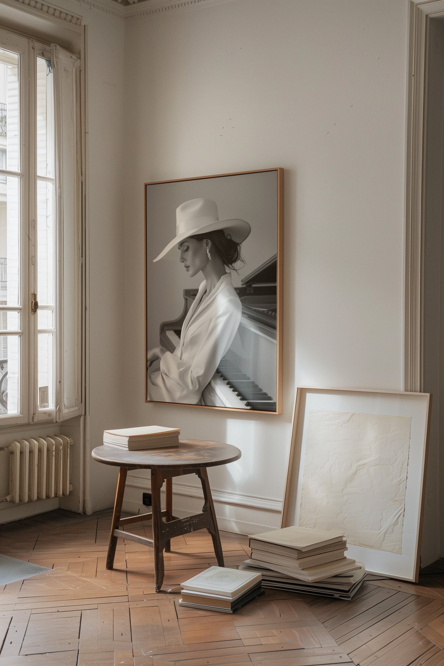 A woman at a piano in the wilderness in 'Melodic Contemplation'.