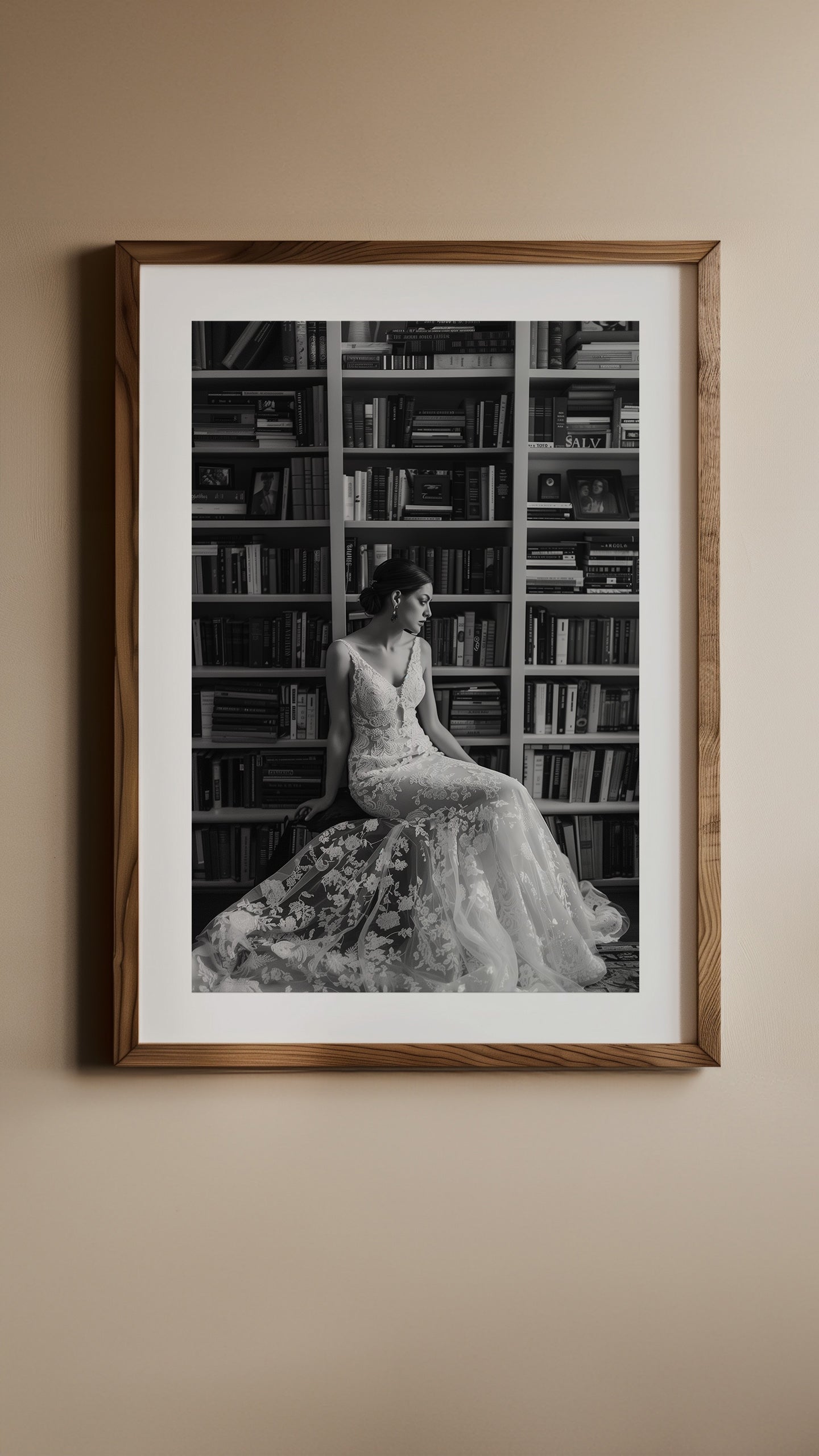 A bride sits pensively among books in 'Bridal Reflections'.