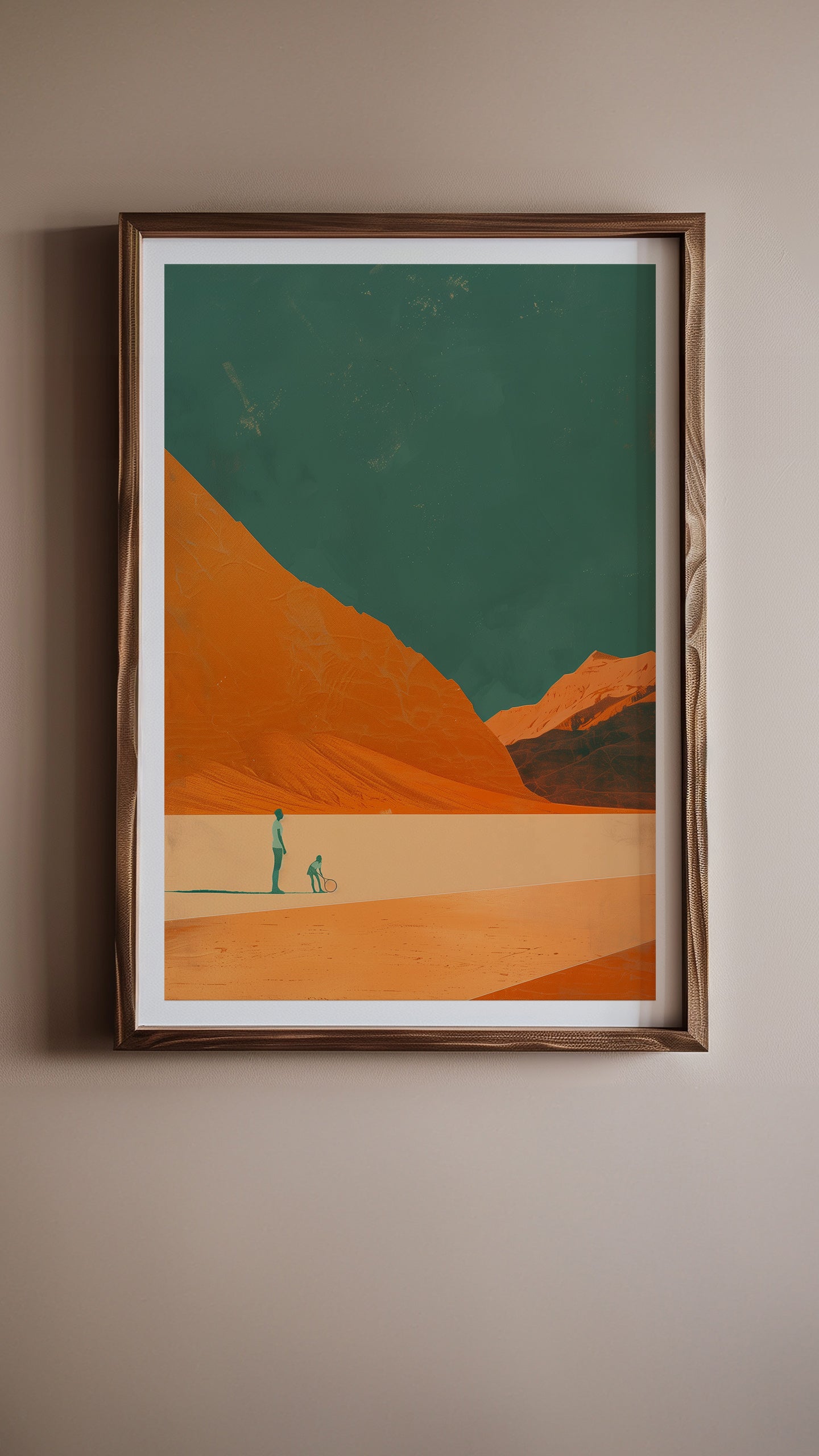 A solitary figure under a vast orange sky in 'Siluetas al Atardecer'.