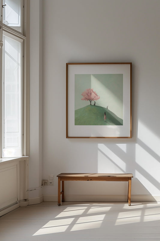 A serene scene with a blooming cherry tree and playful rabbits from Soojung Han's 'Whispers of Spring'.