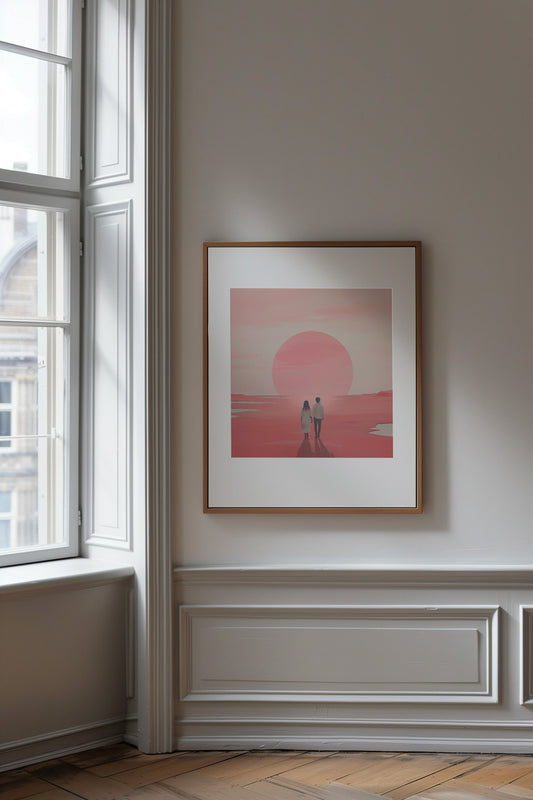 Two silhouettes against an oversized pink sun in 'Eternal Dawn' by Soojung Han, part of the 'Horizon Hues' series.