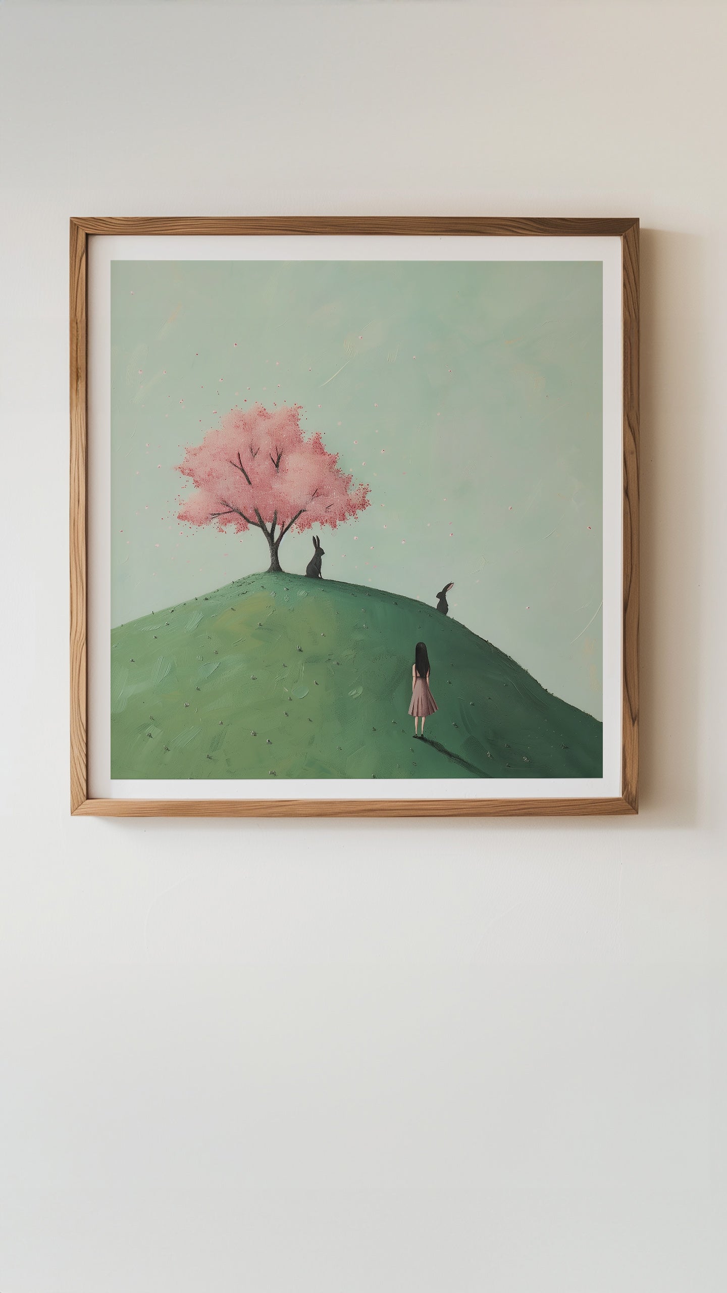 A serene scene with a blooming cherry tree and playful rabbits from Soojung Han's 'Whispers of Spring'.