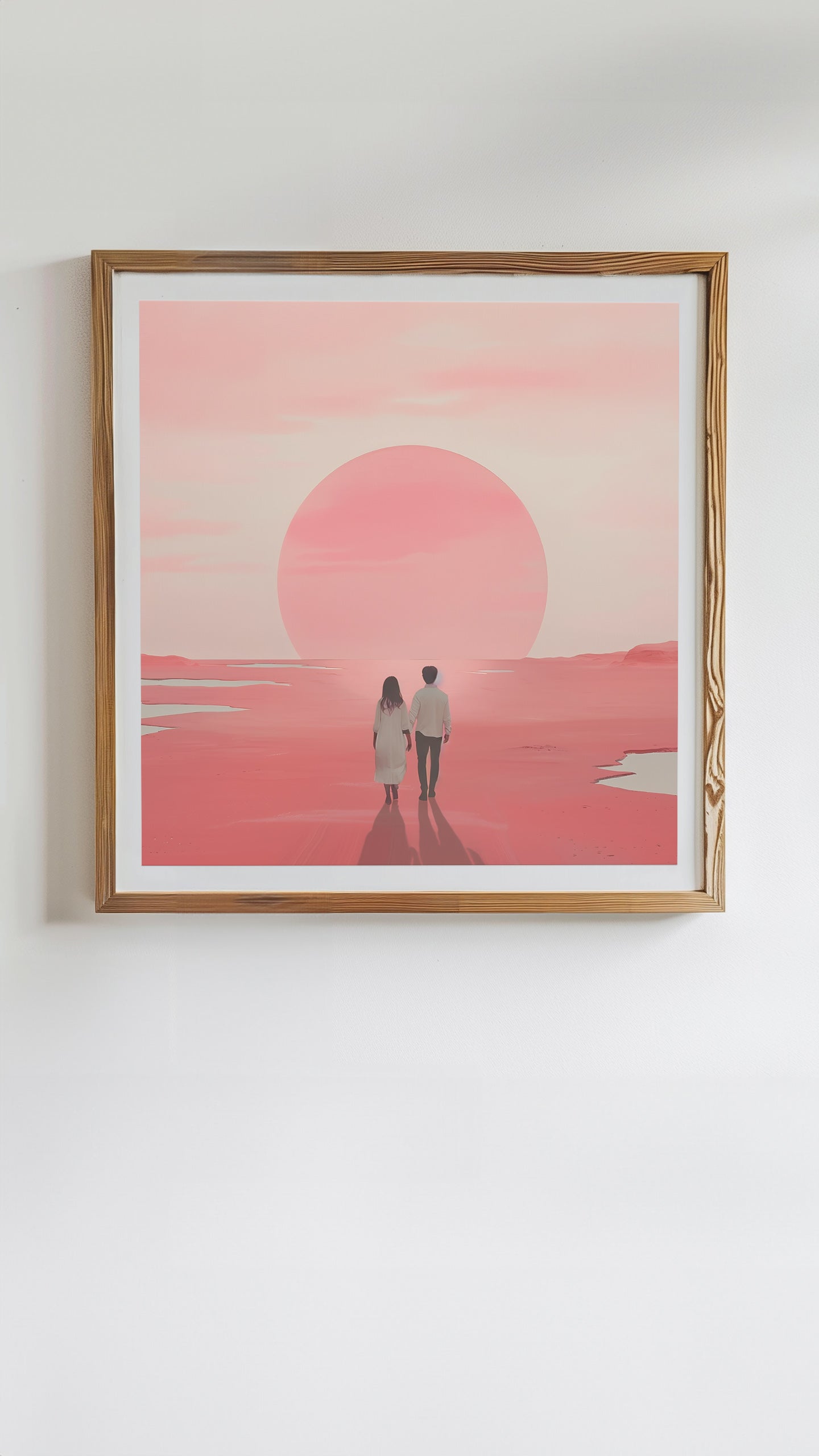 Two silhouettes against an oversized pink sun in 'Eternal Dawn' by Soojung Han, part of the 'Horizon Hues' series.