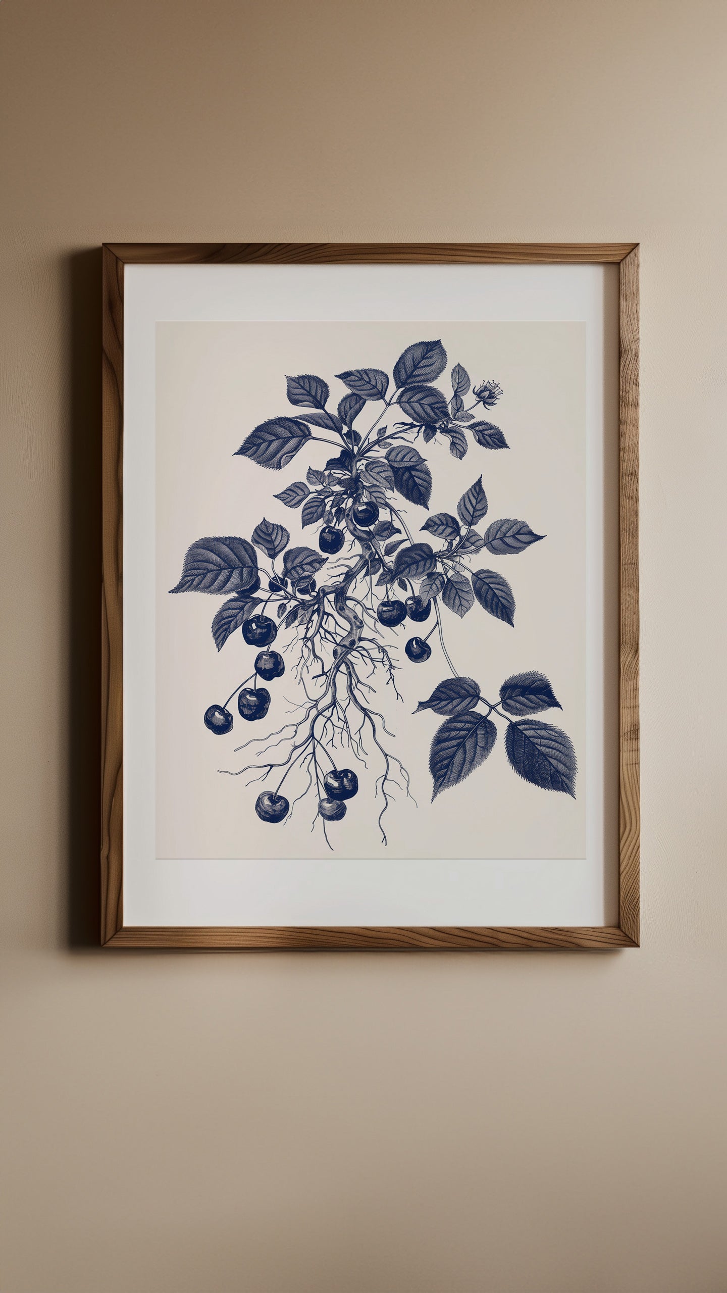 Botanical illustration of cherries and their defiant leaves in 'Cherry's Chant'.