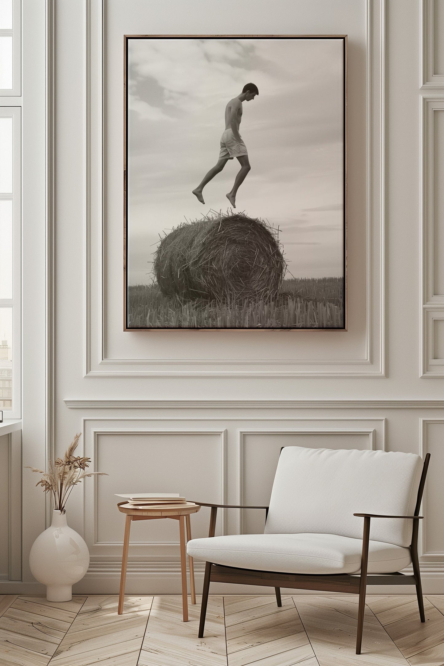 A person leaping above a haystack in 'Haystack Leap'.