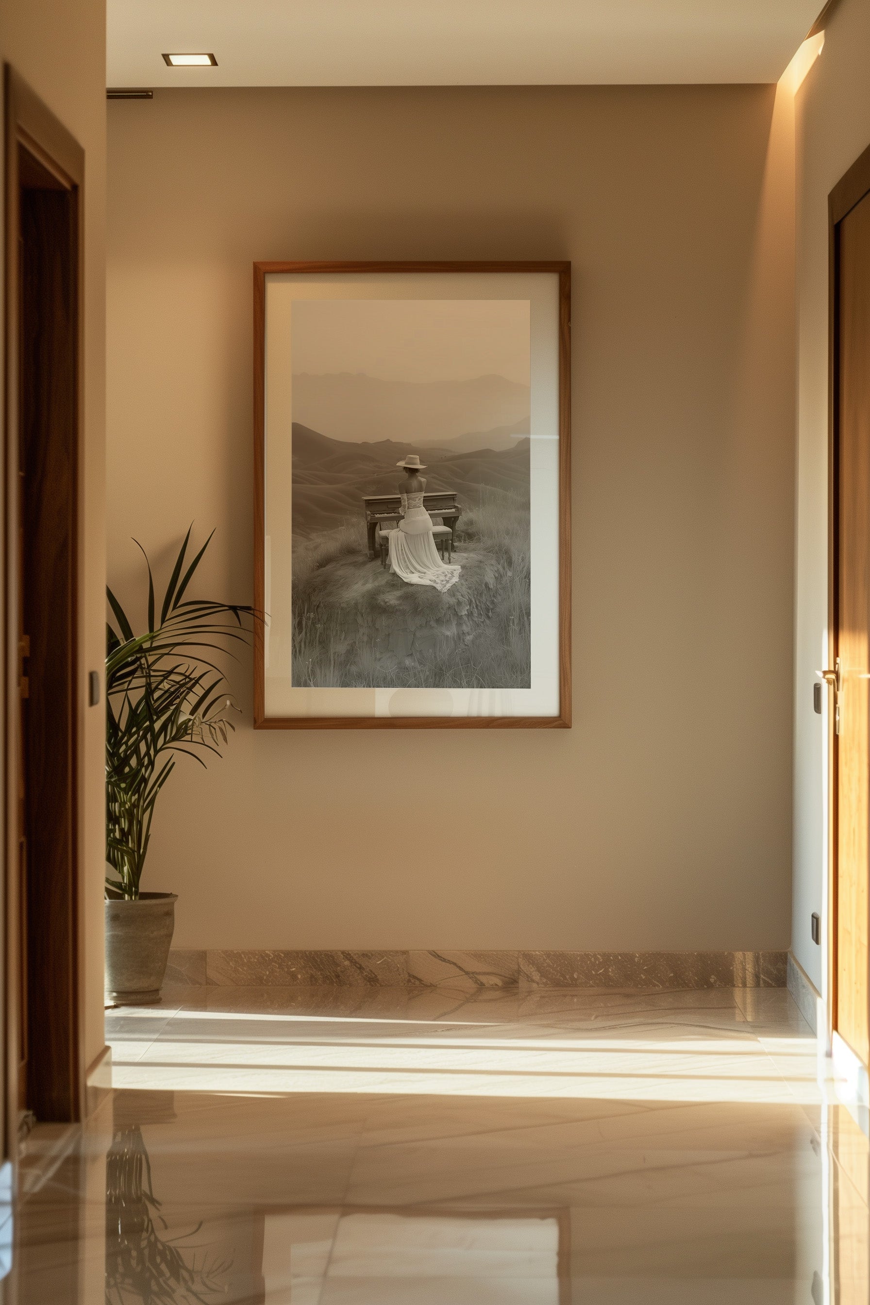 A woman at a piano in the sand dunes in 'Sands of Melody'.