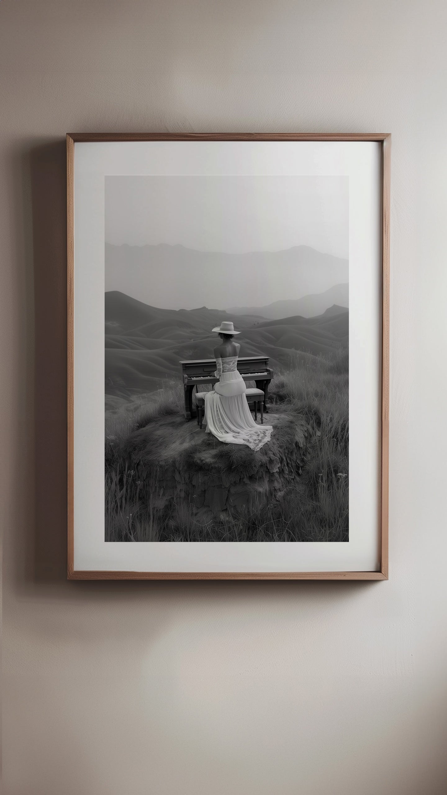 A woman at a piano in the sand dunes in 'Sands of Melody'.