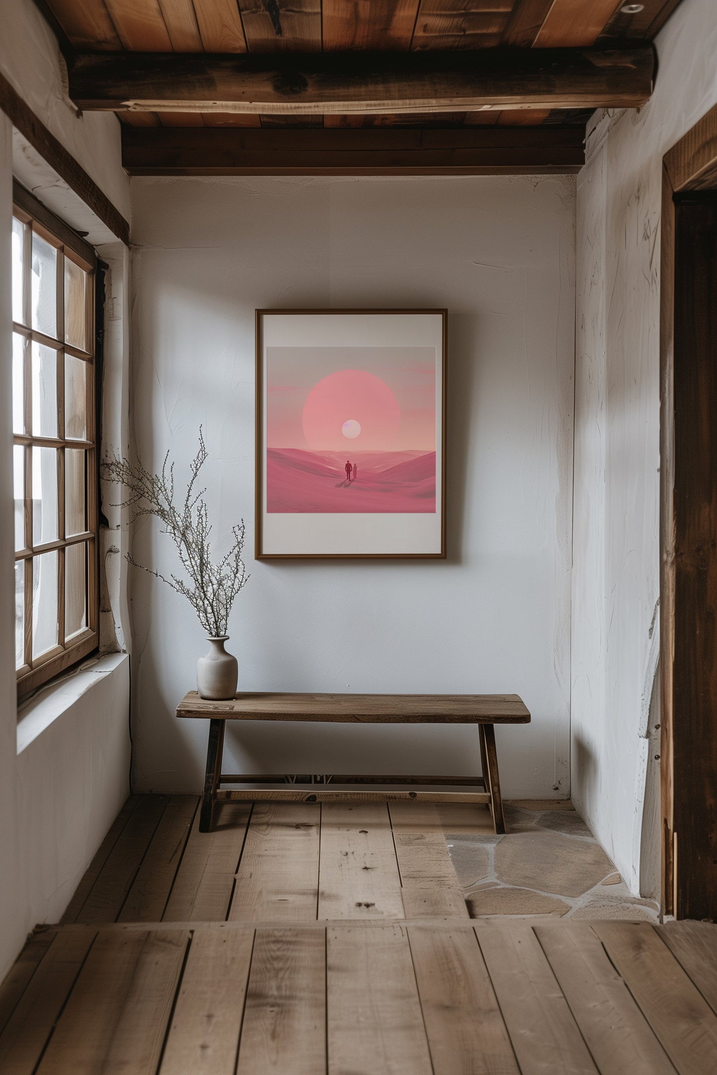 A couple witnessing a serene dawn in the desert in 'Dawn's Embrace'.