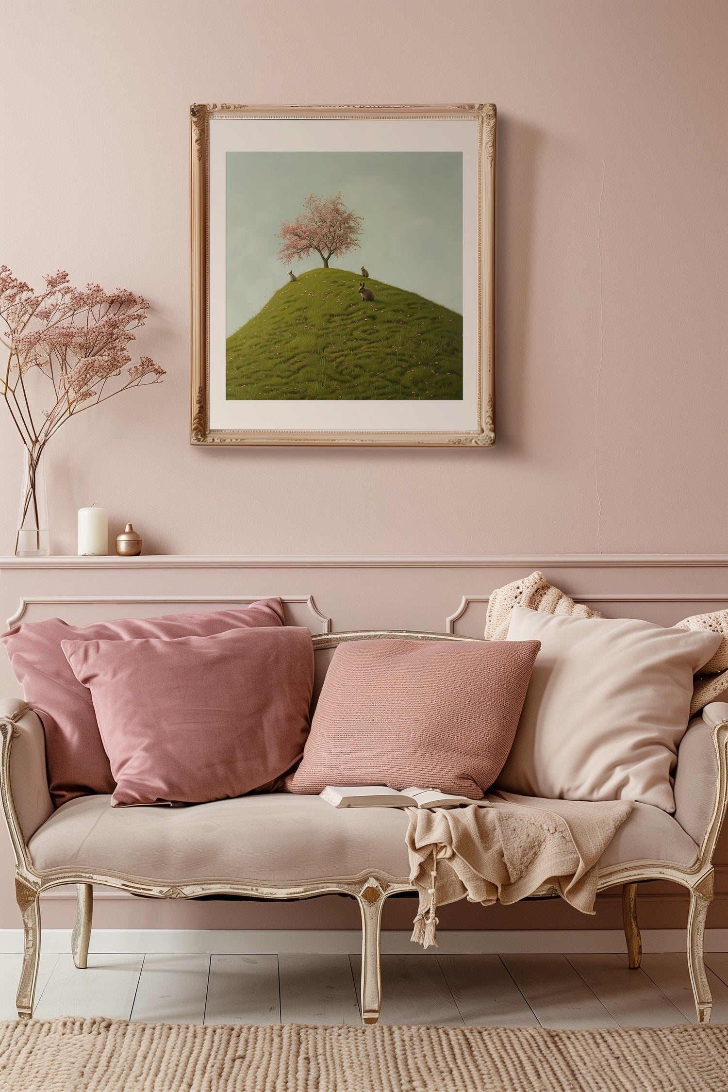 Rabbits and a cherry tree atop a hill in 'Hilltop Harmony'.