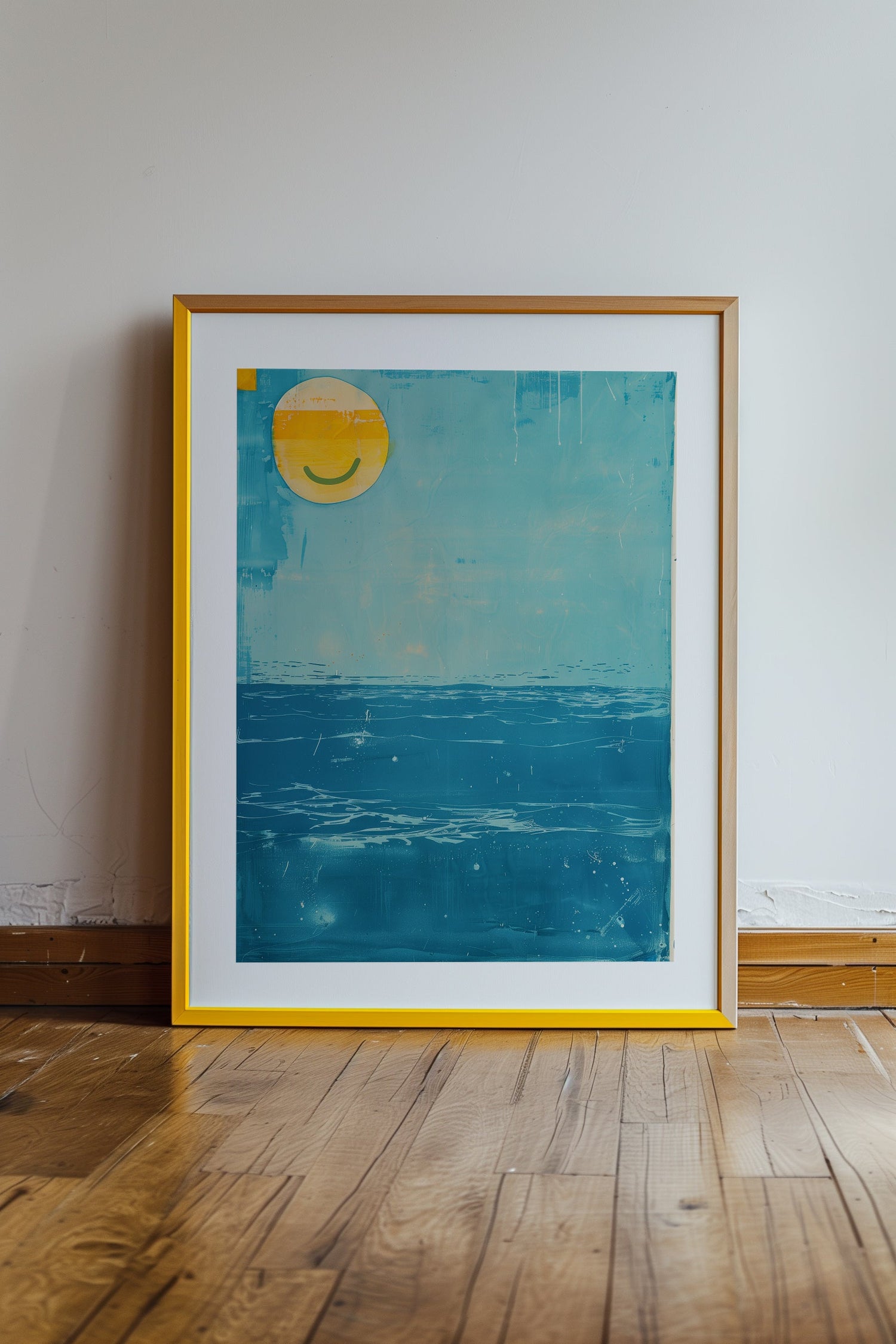 An ocean scene with a smiling sun in 'Ocean's Whisper'.