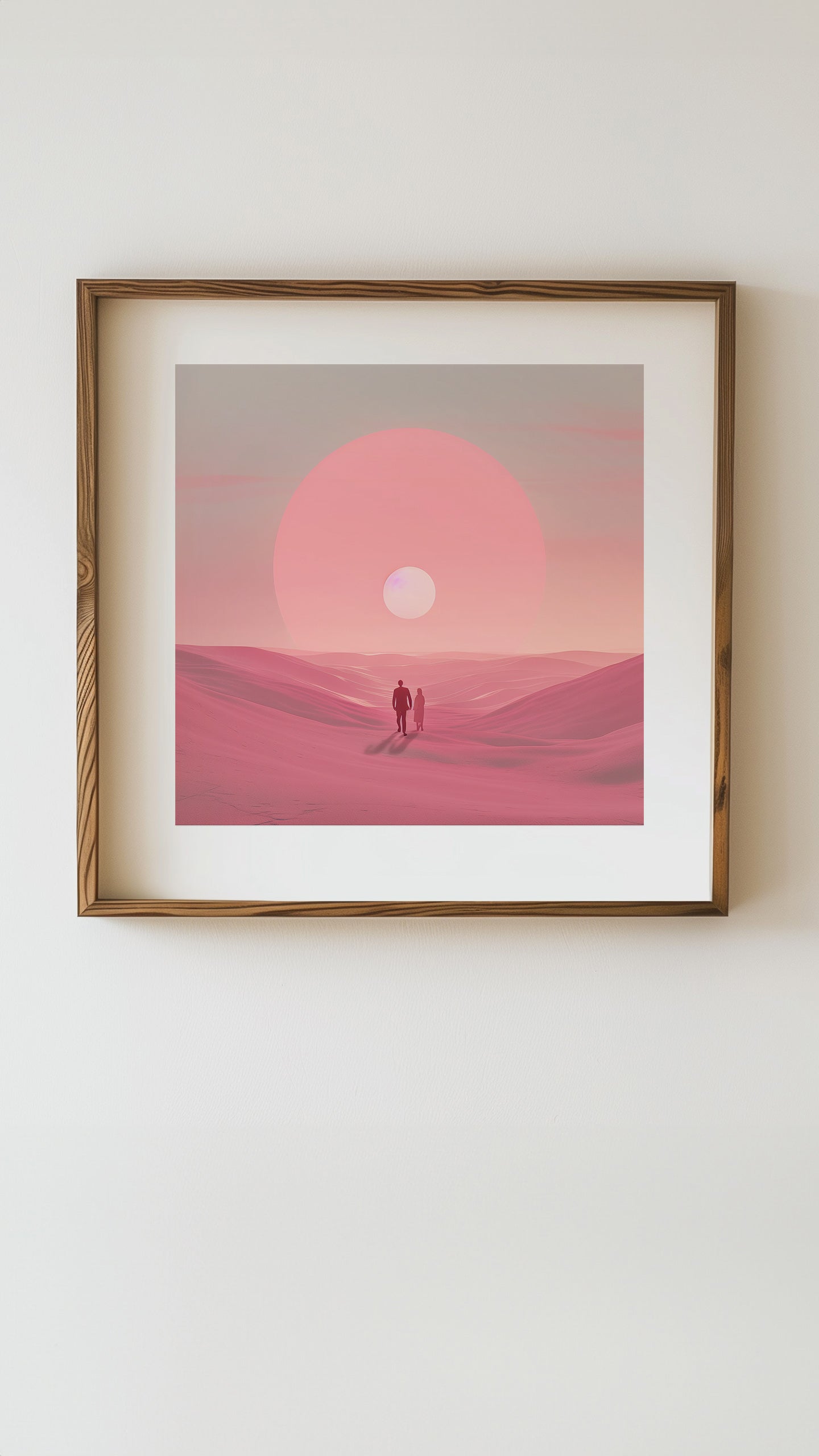 A couple witnessing a serene dawn in the desert in 'Dawn's Embrace'.