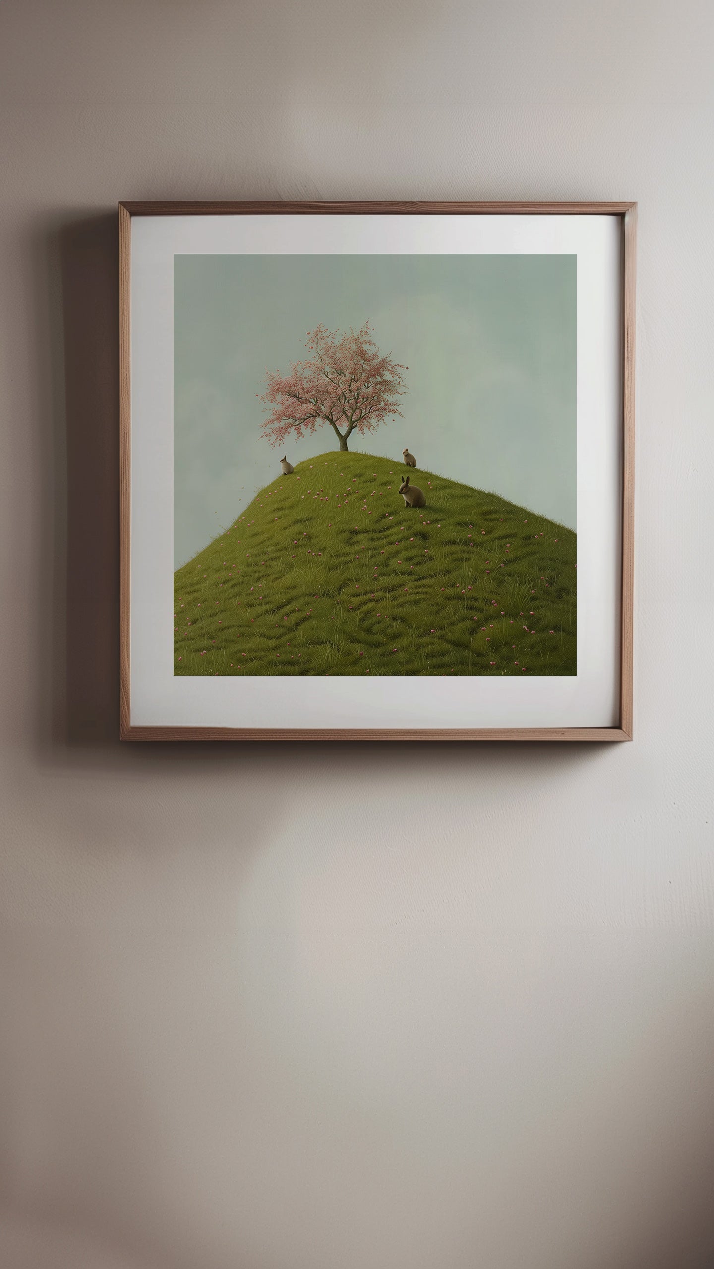 Rabbits and a cherry tree atop a hill in 'Hilltop Harmony'.