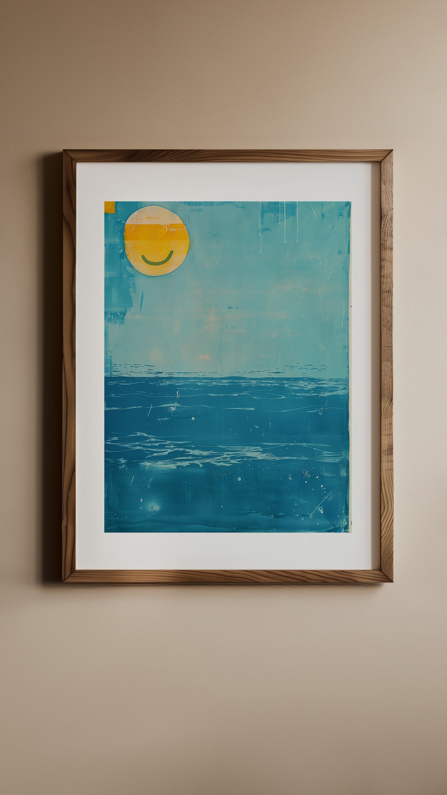 An ocean scene with a smiling sun in 'Ocean's Whisper'.