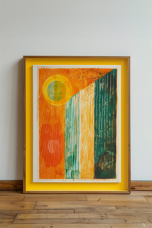 Abstract artwork with a vibrant sun in 'Legado de Luz'.
